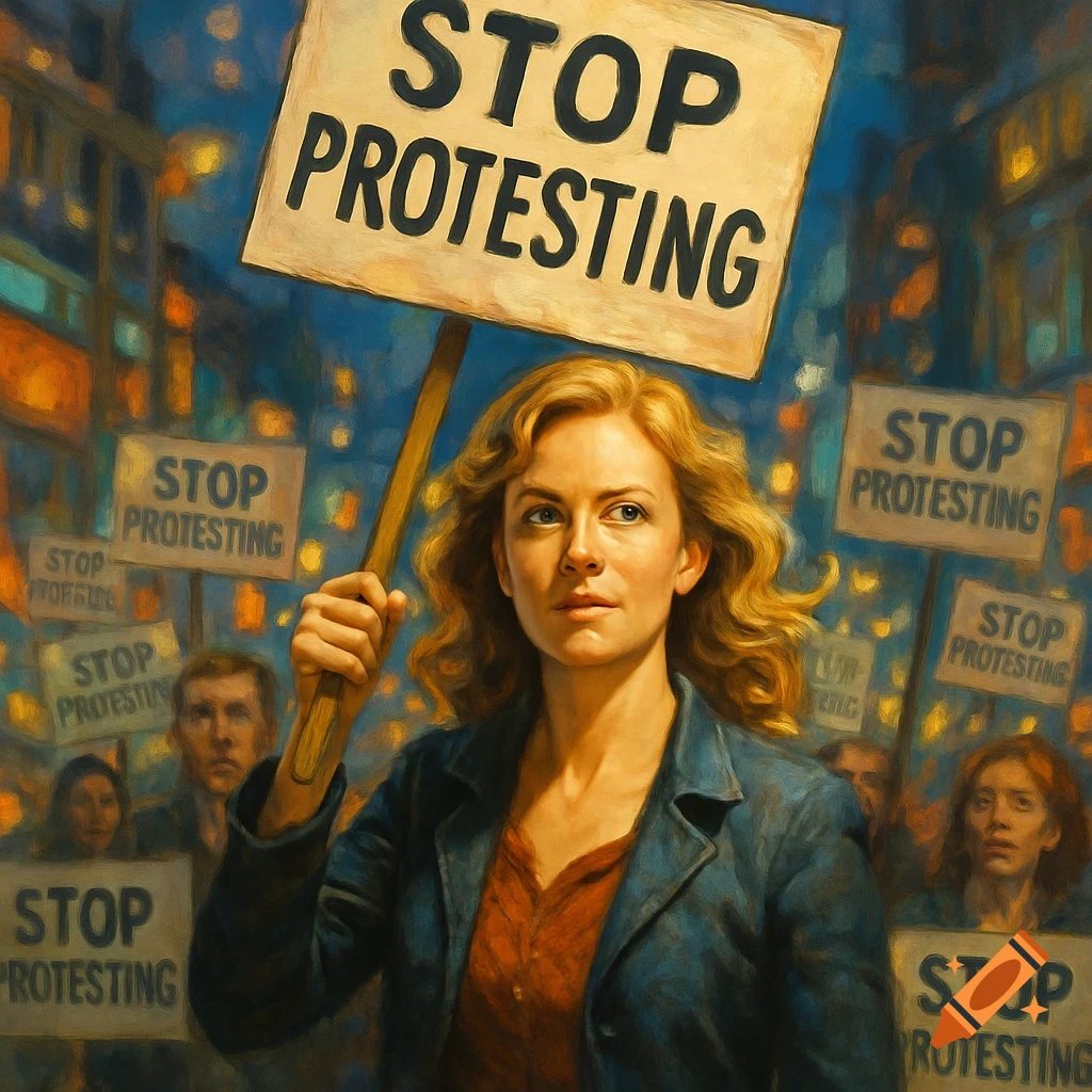 A blonde woman in a painterly style holding a 'STOP PROTESTING' sign amidst a crowd of protesters at night.