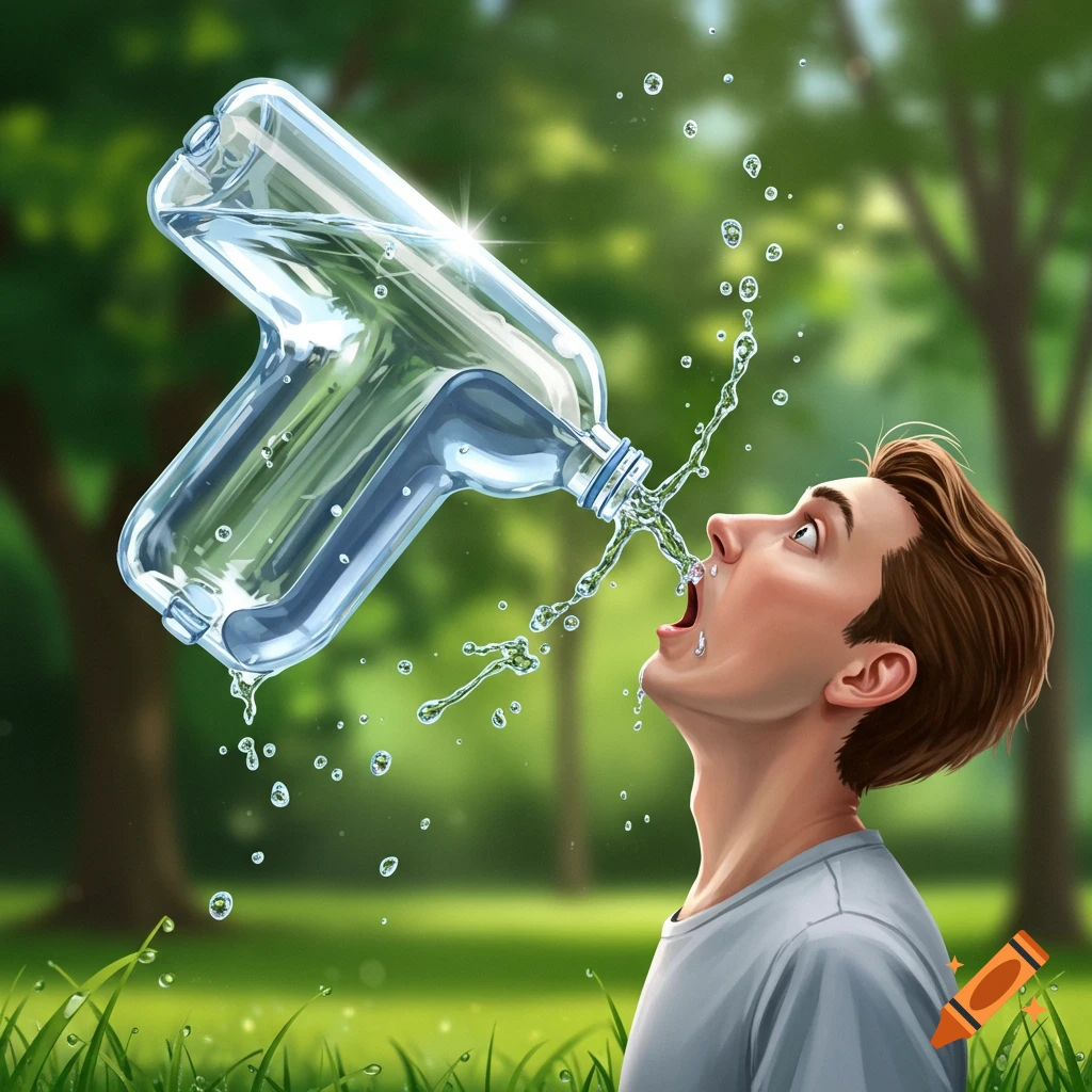 A T-shaped water bottle splashes water into a man's nose and open mouth in a sunny park setting, a humorous and surreal image.