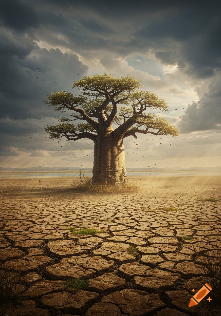 A large baobab tree stands on parched, cracked earth beneath a dark, stormy sky, depicting drought.