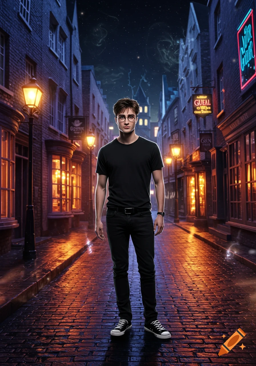 A young man resembling Harry Potter, without glasses or scar, stands in a dark, lamp-lit cobblestone alley, wearing a black t-shirt, jeans, and black and white converse shoes. Buildings with glowing windows line the street under a starry night sky.