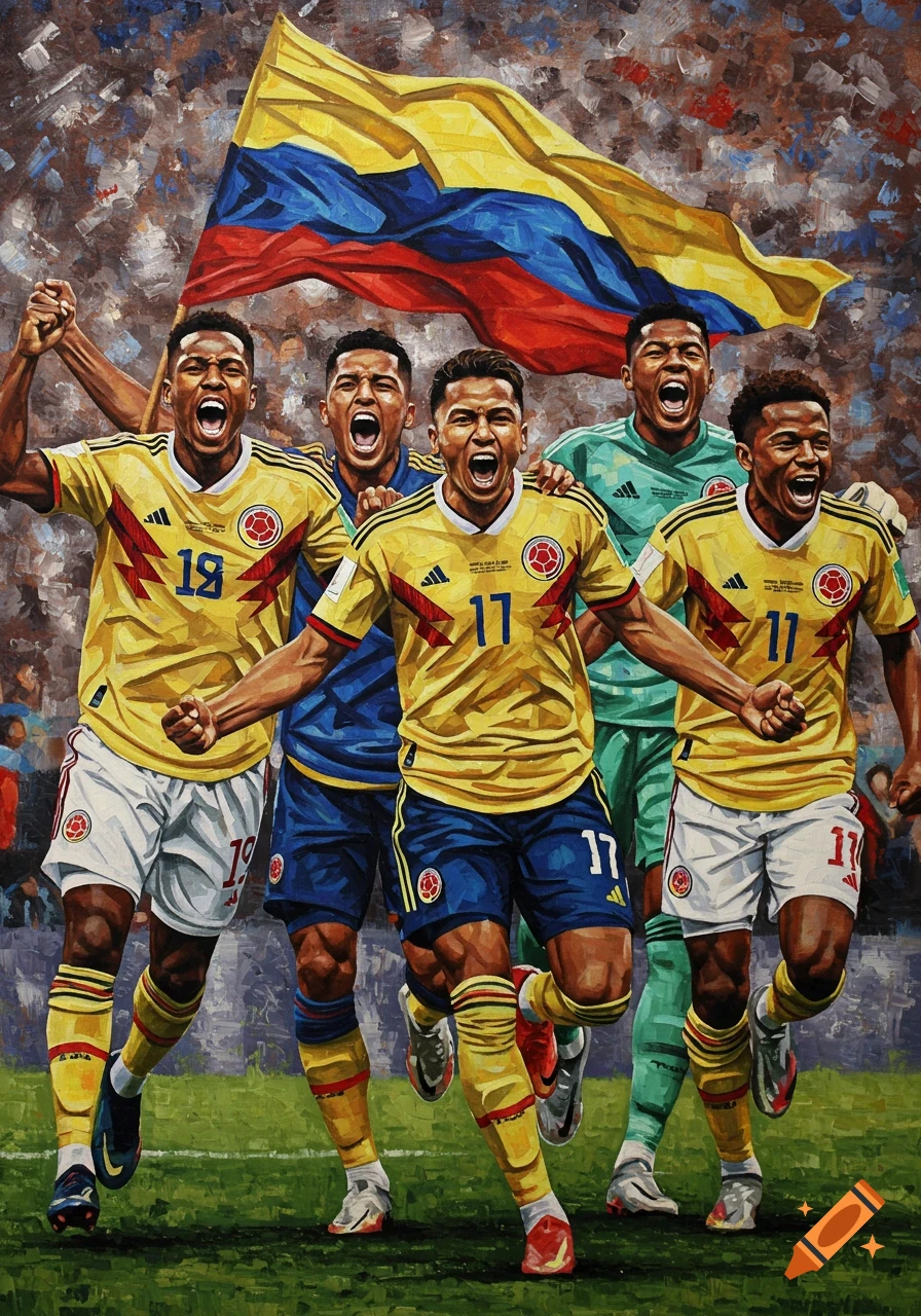 Five Colombian soccer players in yellow jerseys cheer on a field with a large Colombian flag waving behind them, rendered in a painterly style.