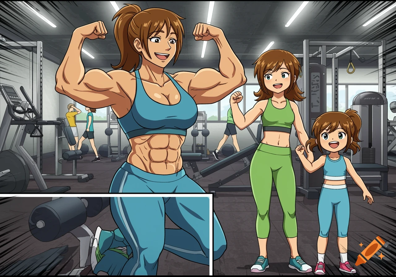 Anime style drawing of a very muscular woman flexing with two girls in a gym.