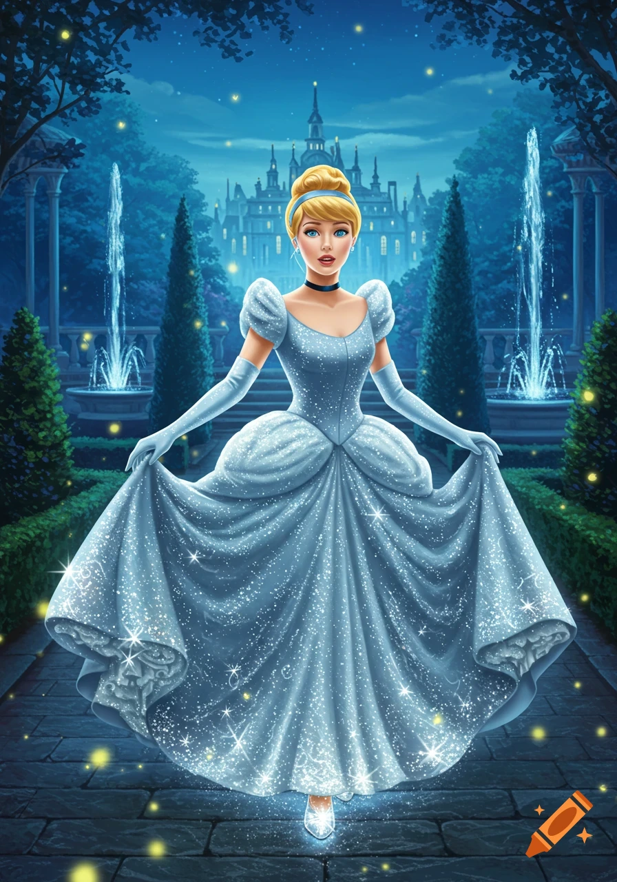Detailed illustration of Cinderella in a sparkling blue ball gown in an enchanted garden at night with a castle.