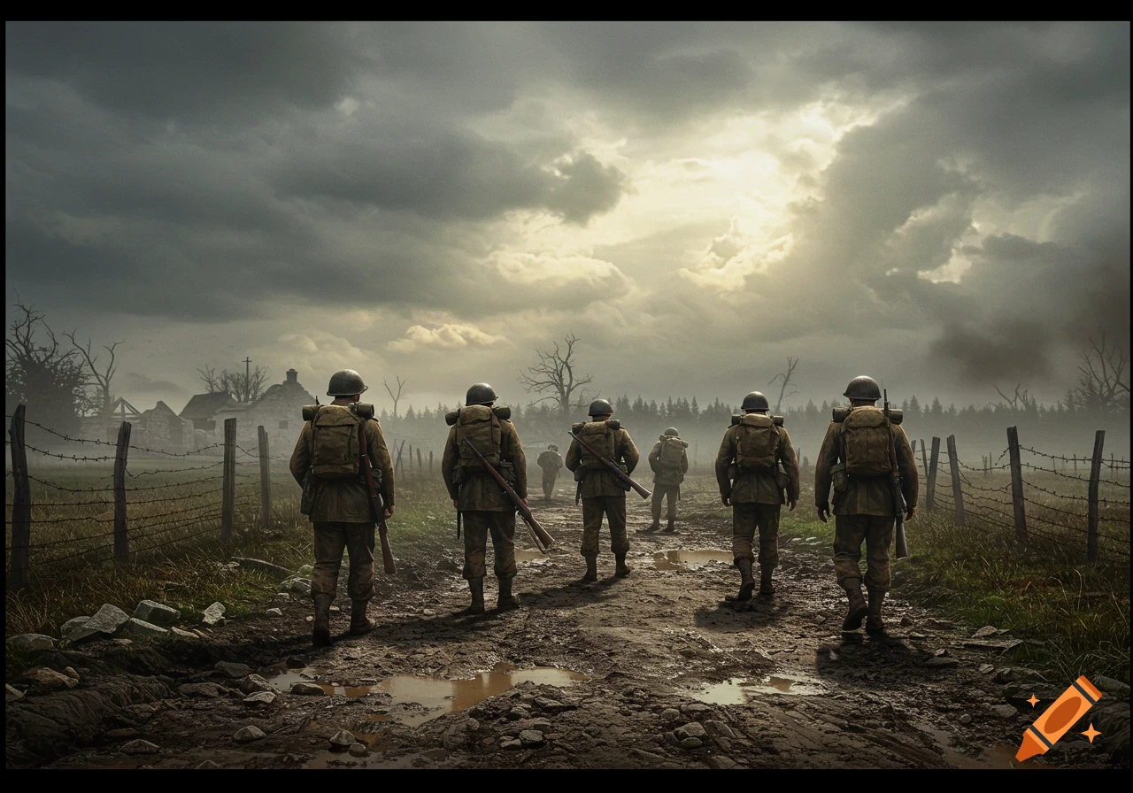 World War II soldiers walk down a muddy road into a desolate landscape under an overcast sky.