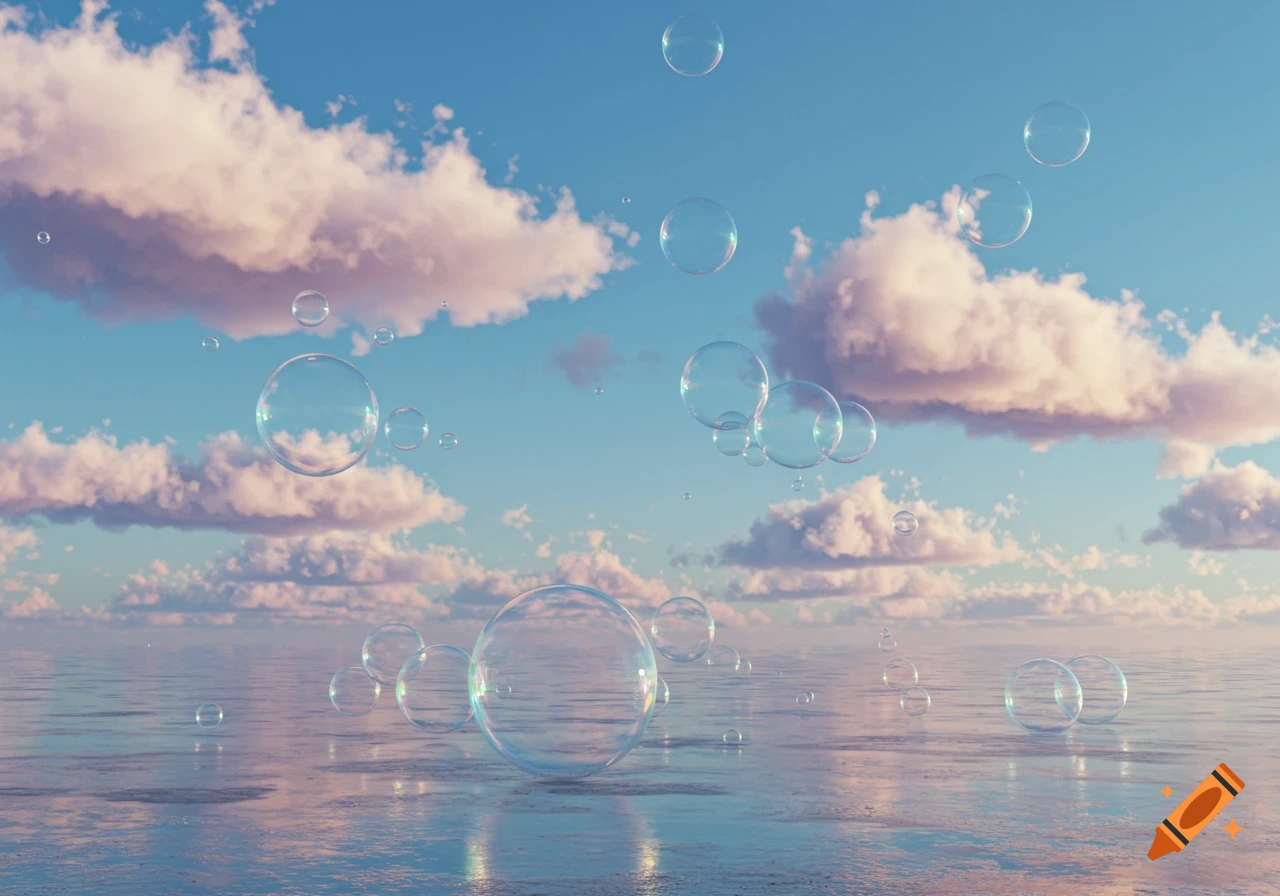 Numerous transparent bubbles float over calm water under a blue sky with pinkish-white clouds.