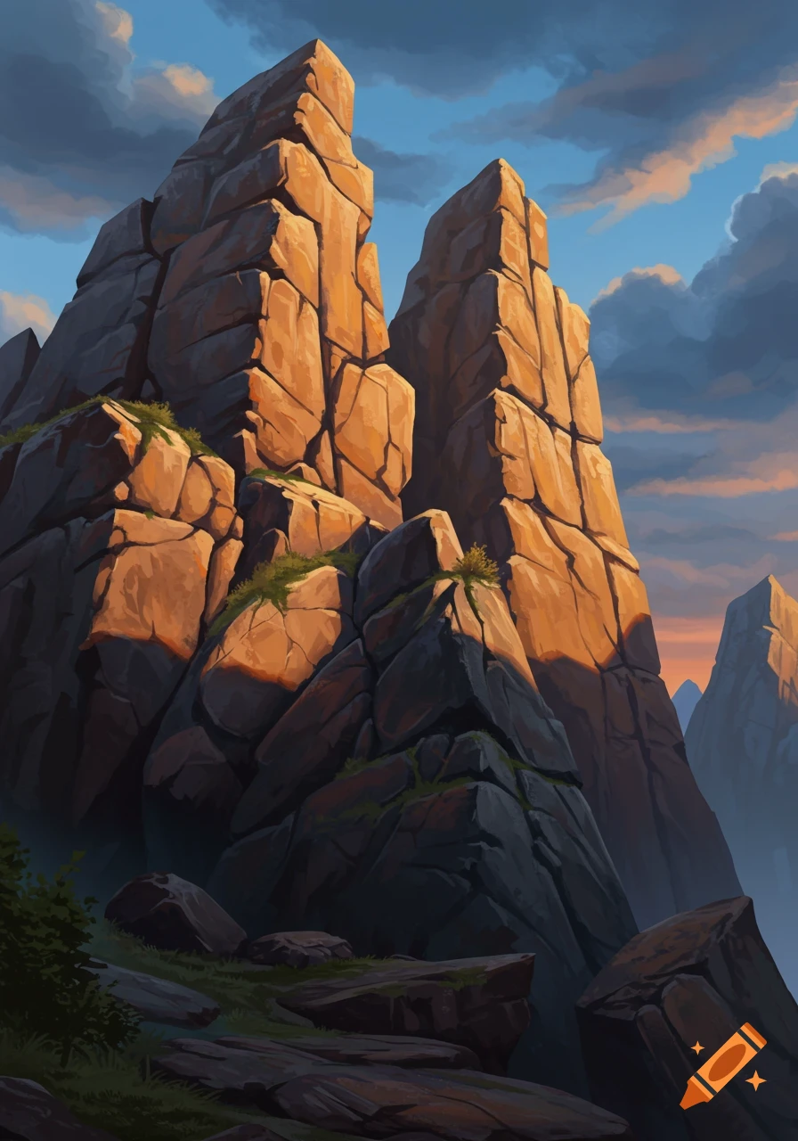 Massive, angular rock formations bathed in warm sunlight and deep shadows under a cloudy sky, in a digital painting style.