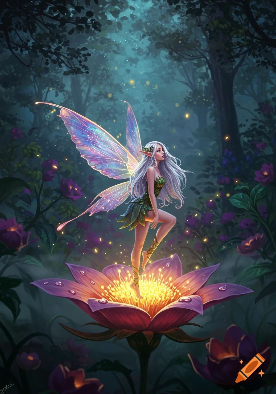 A beautiful fairy with shimmering wings and long white hair stands on a glowing purple flower in an enchanted forest.