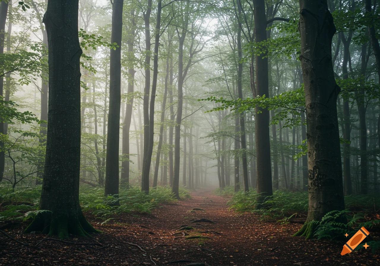 A foggy forest path with tall trees and green ferns, bathed in soft light, leading into the distance.