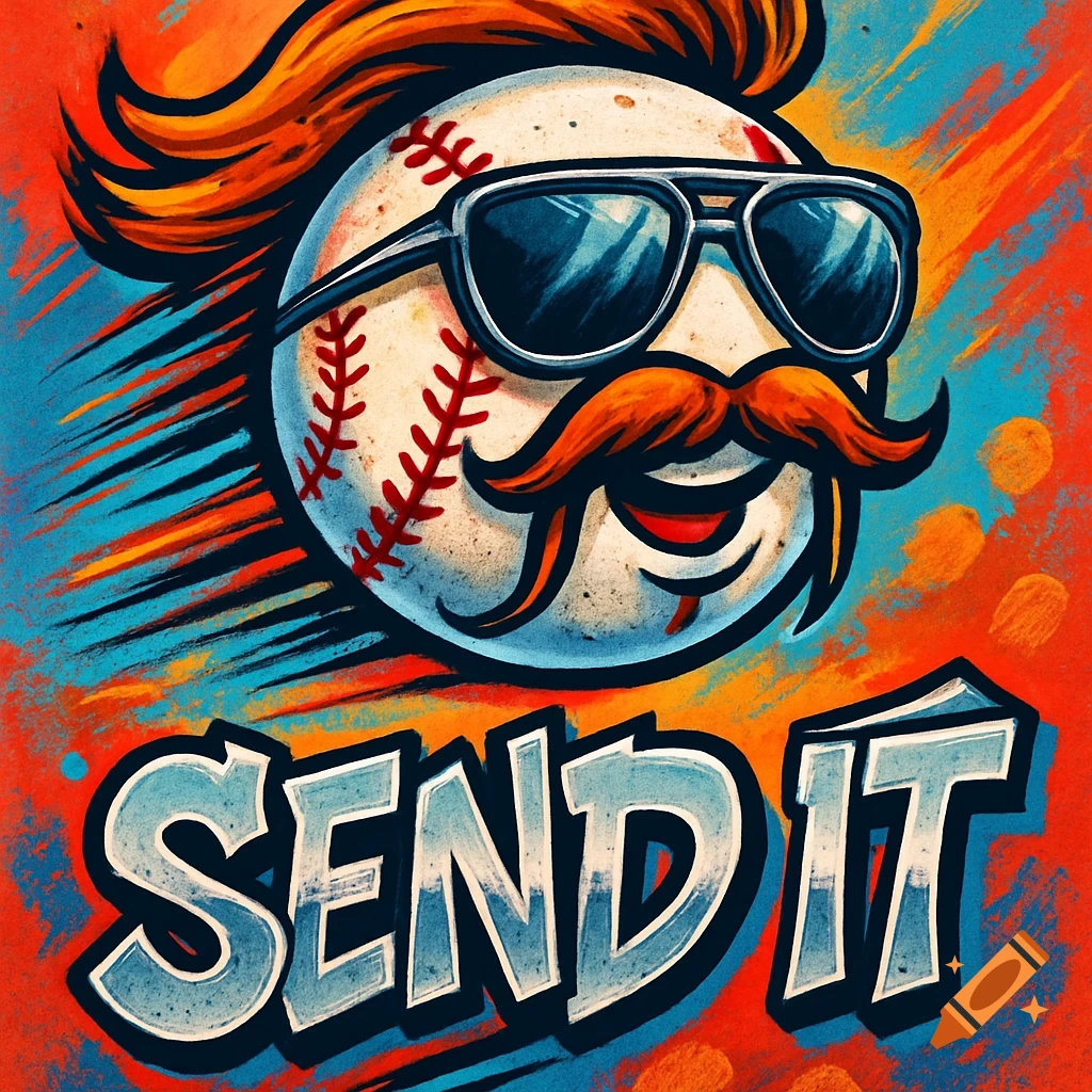 A vibrant, grungy illustration of a baseball character with a red mullet, orange mustache, and sunglasses. The phrase 'SEND IT' is written below in bold, stylized letters.