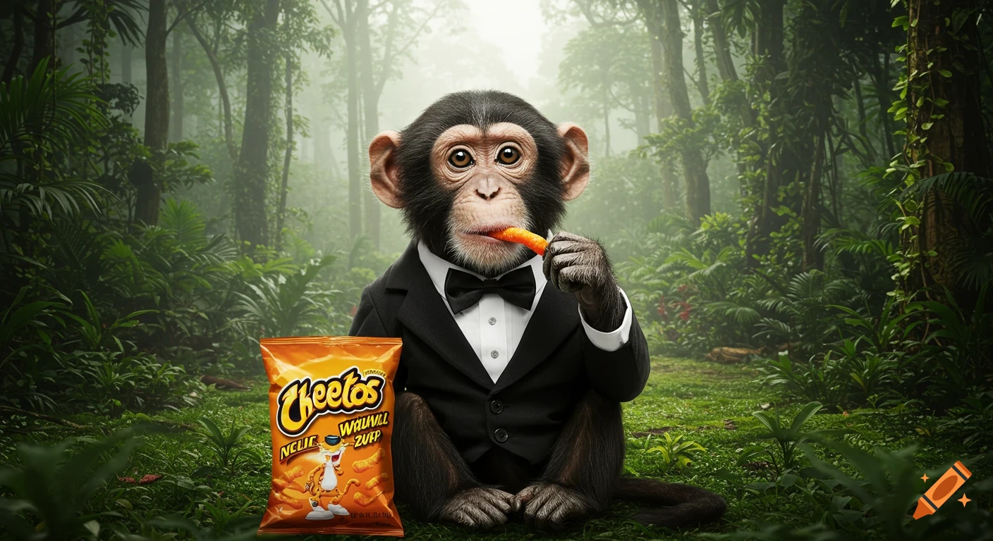 Photorealistic monkey in a black tuxedo and bow tie, sitting in a lush rainforest, eating a Cheeto from an orange Cheetos bag.