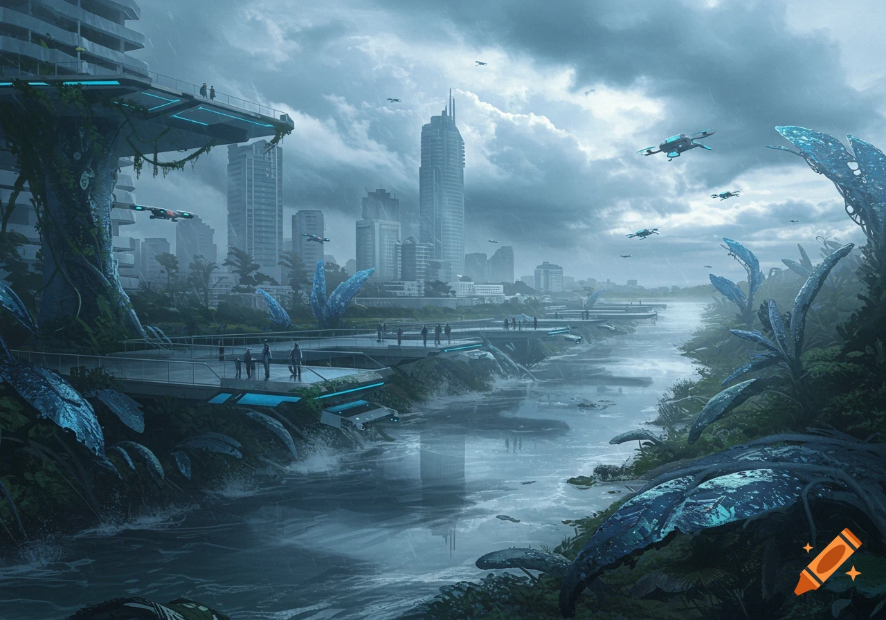 A dystopian futuristic city overgrown with glowing blue plants, with a river flowing through it, tall buildings, and drones under a stormy sky.
