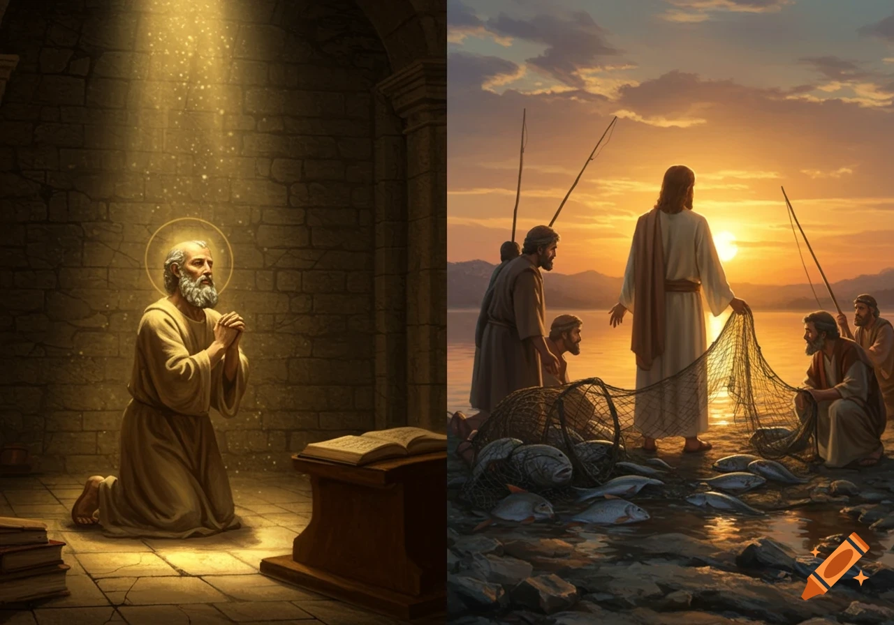 A split image: Saint Paul kneels praying in a stone room with a light beam; Jesus stands by a lake with fishermen and fish at sunset.