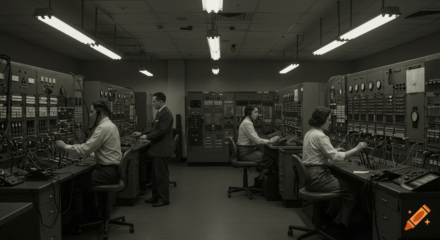 A black and white photo of four workers, two men and two women, seated at desks with complex telecommunication equipment in a 1940s control room.
