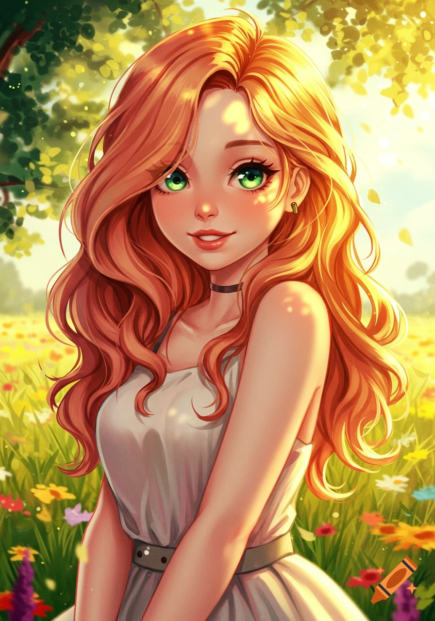 Smiling anime girl with reddish-blonde hair and green eyes in a sunny field of colorful flowers.