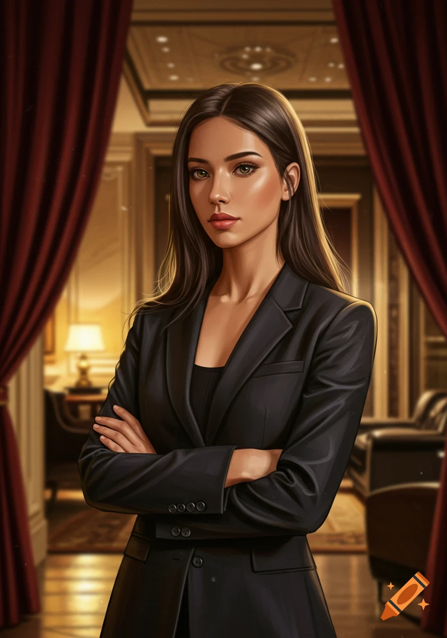 A photorealistic portrait of a confident young woman in a black business suit, arms crossed, in a luxurious, dimly lit room.