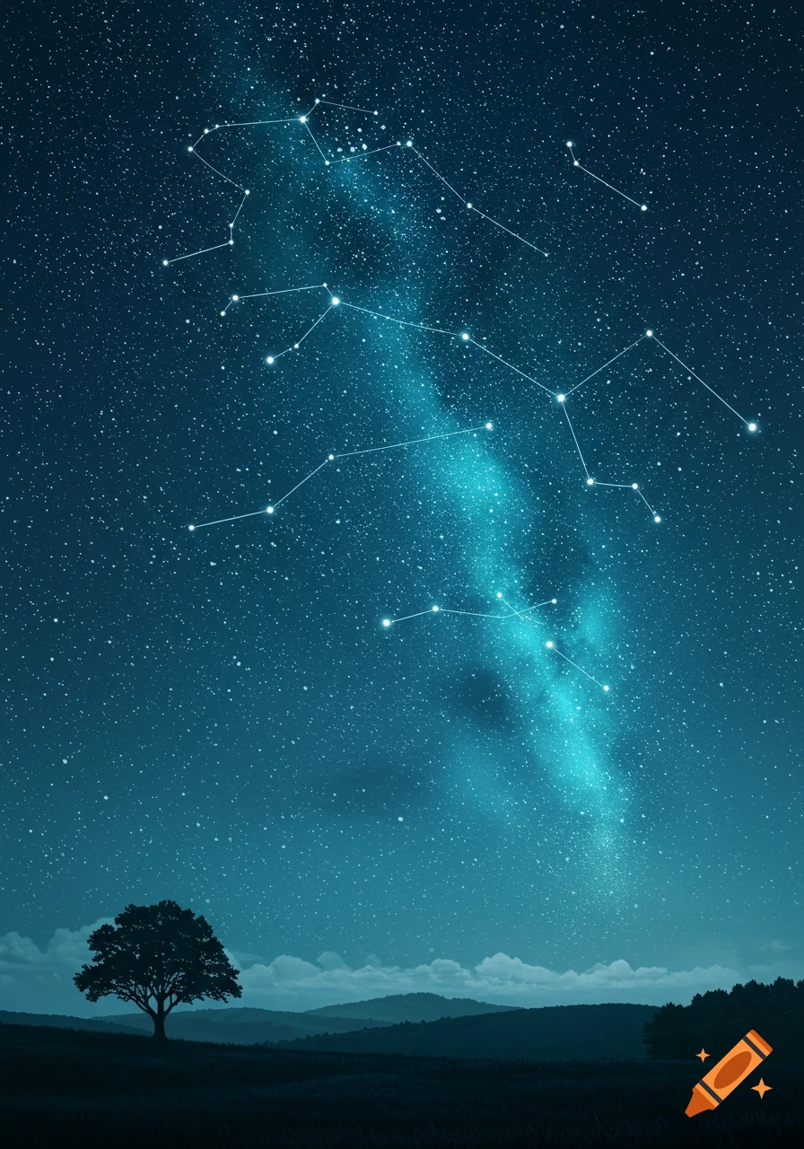 A serene night landscape with a lone tree silhouetted against a vibrant teal and blue milky way and scattered constellations.
