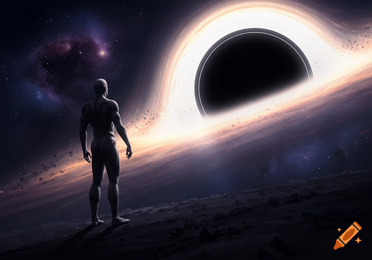 A stylized nude figure stands on a rocky planet, gazing at a massive black hole and a cosmic nebula in the vast expanse of space.