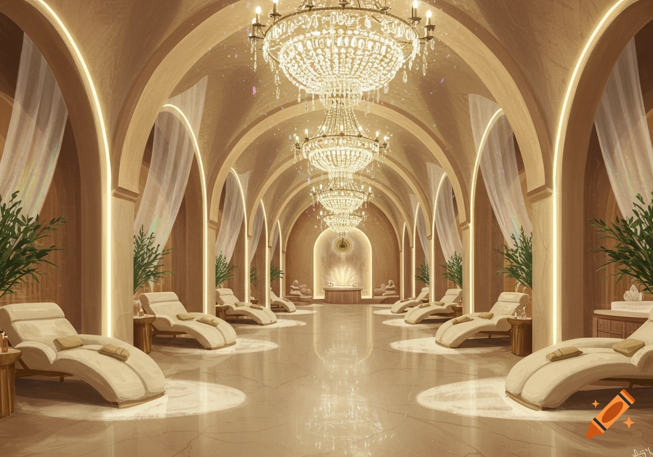 Elegant medspa interior with arched hallways, crystal chandeliers, chaise lounges, and glowing wall lights.