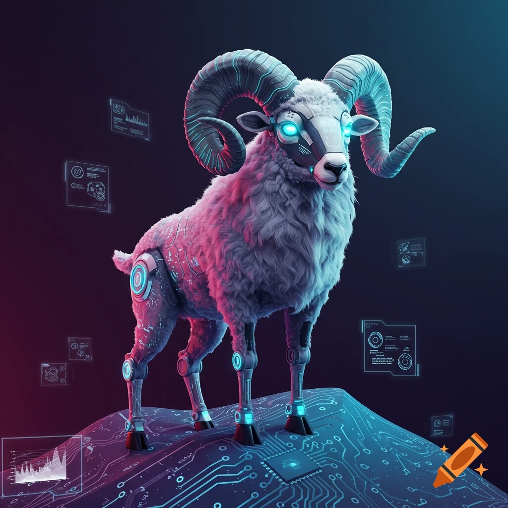 A futuristic cybernetic ram with glowing blue eyes and robotic limbs stands on a circuit board, surrounded by holographic UI elements.