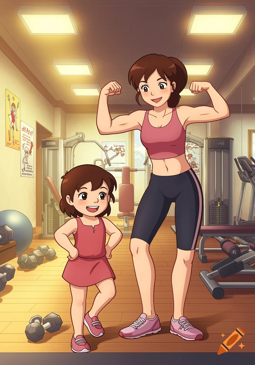 Anime mother and daughter flex their muscles in a gym. The mom wears a sports bra and leggings, the daughter a pink dress.