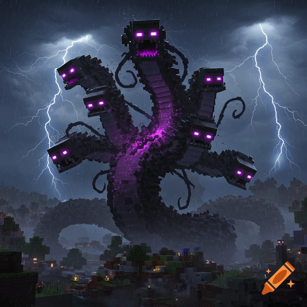 A huge, multi-headed Wither Storm from Minecraft with glowing purple eyes and core, towering over a stormy landscape with lightning.