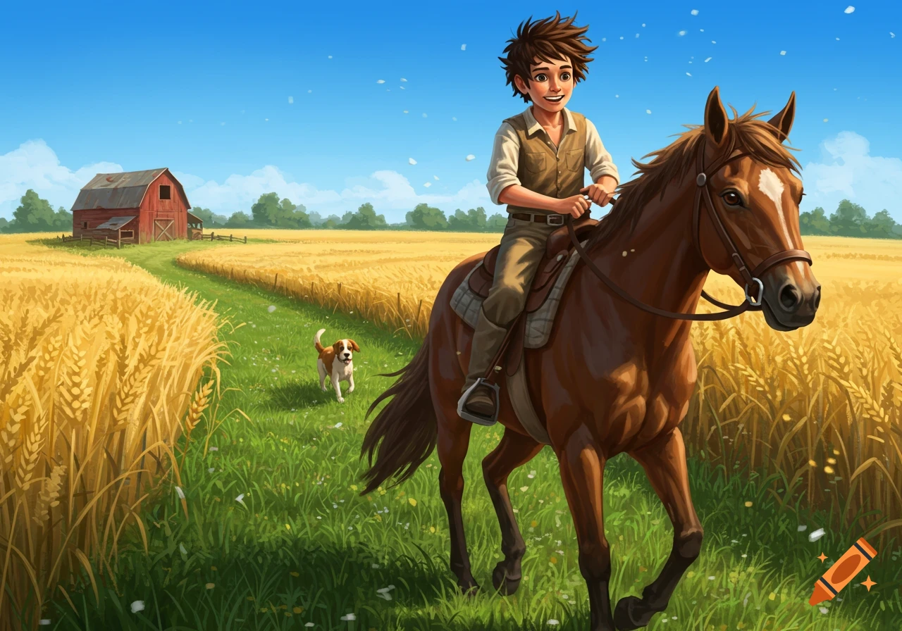 Animated boy on a horse with a dog in a golden field next to a red barn.