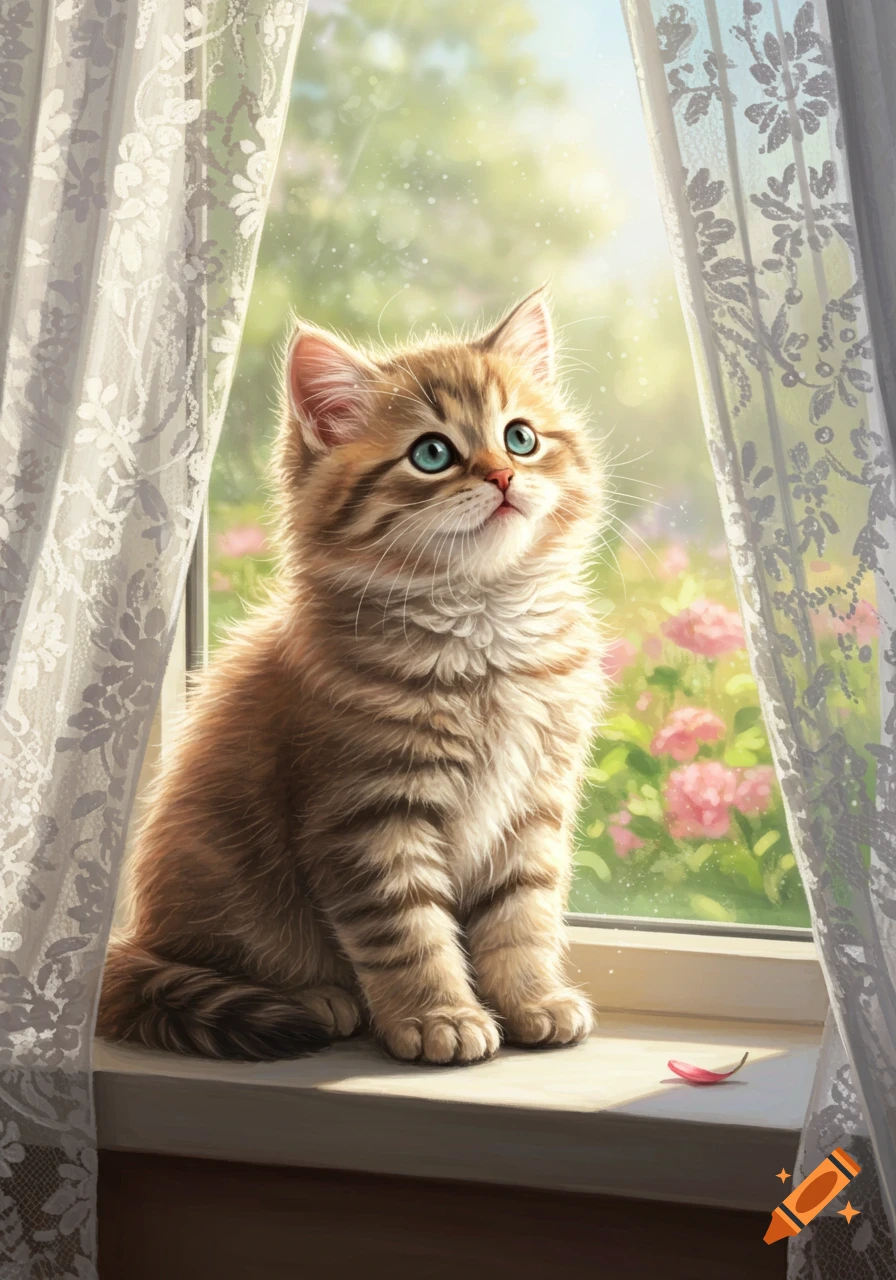 A fluffy tabby kitten with bright blue eyes sits on a sunlit window sill, looking up, with lace curtains and a green garden outside.