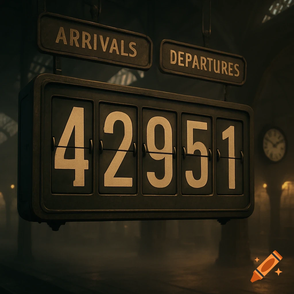 A vintage split-flap display board showing the number 42951, with 'ARRIVALS' and 'DEPARTURES' signs above, in a dimly lit train station.