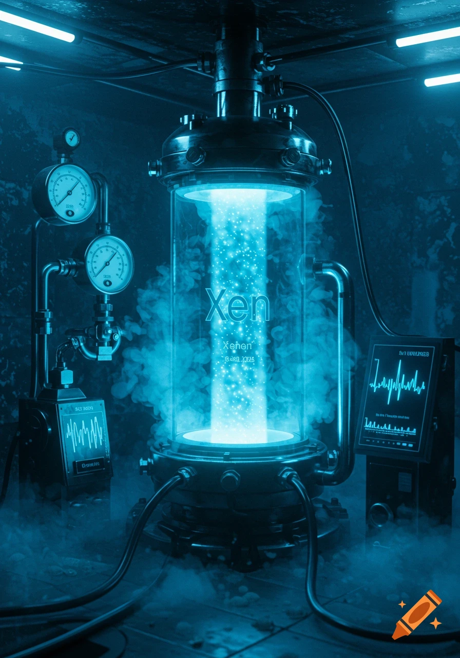 A glowing blue chamber labeled 'Xenon' with bubbling particles, connected to pipes, gauges, and screens in a dark, futuristic laboratory.