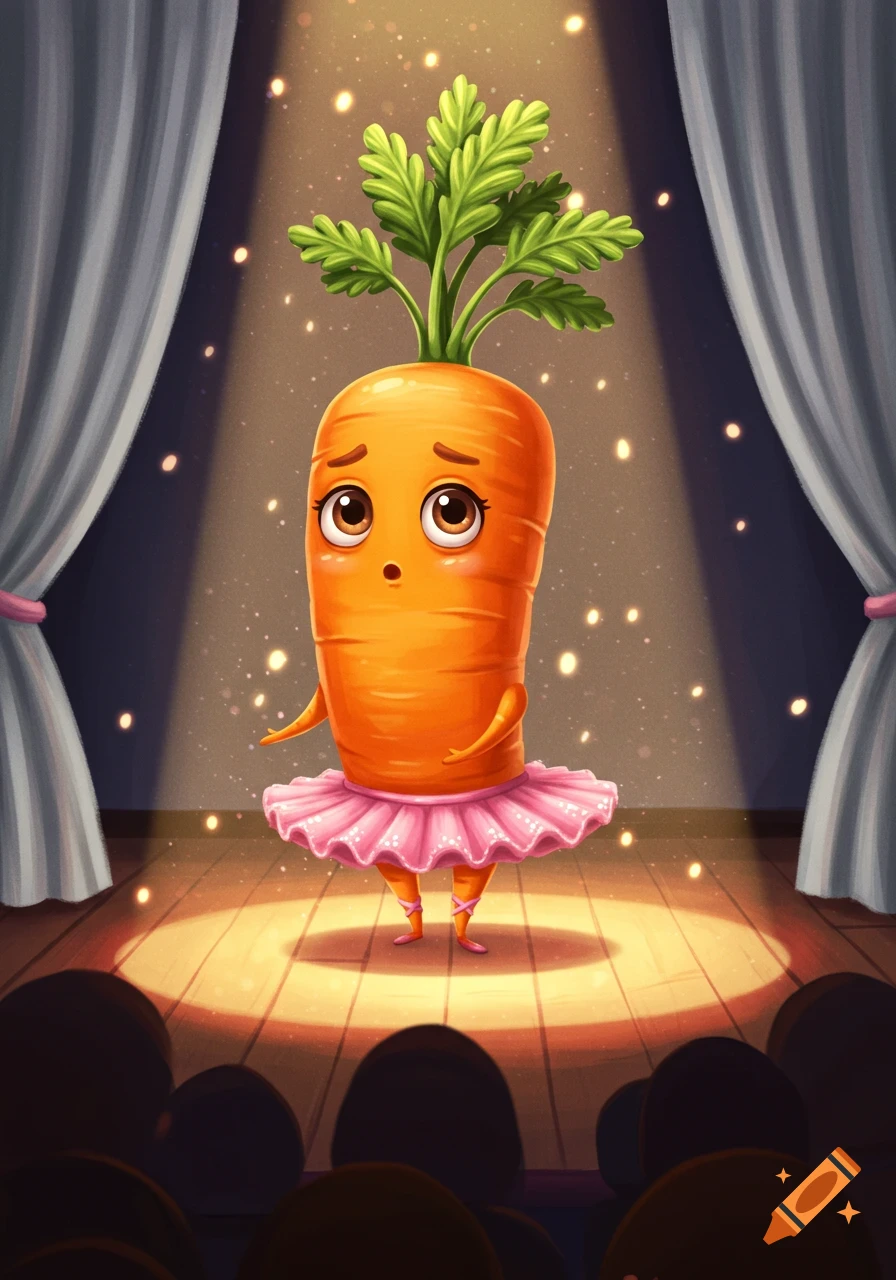 A timid, anthropomorphic cartoon carrot with green leaves on its head, wearing a pink tutu, stands on a spotlighted stage.