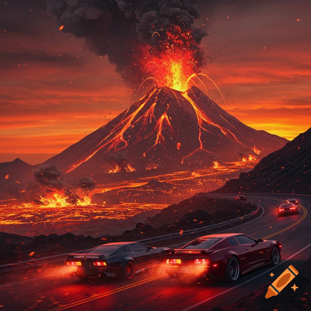 Two red sports cars speed on a winding road with a massive, erupting volcano spewing lava and smoke in the background under an orange sky.