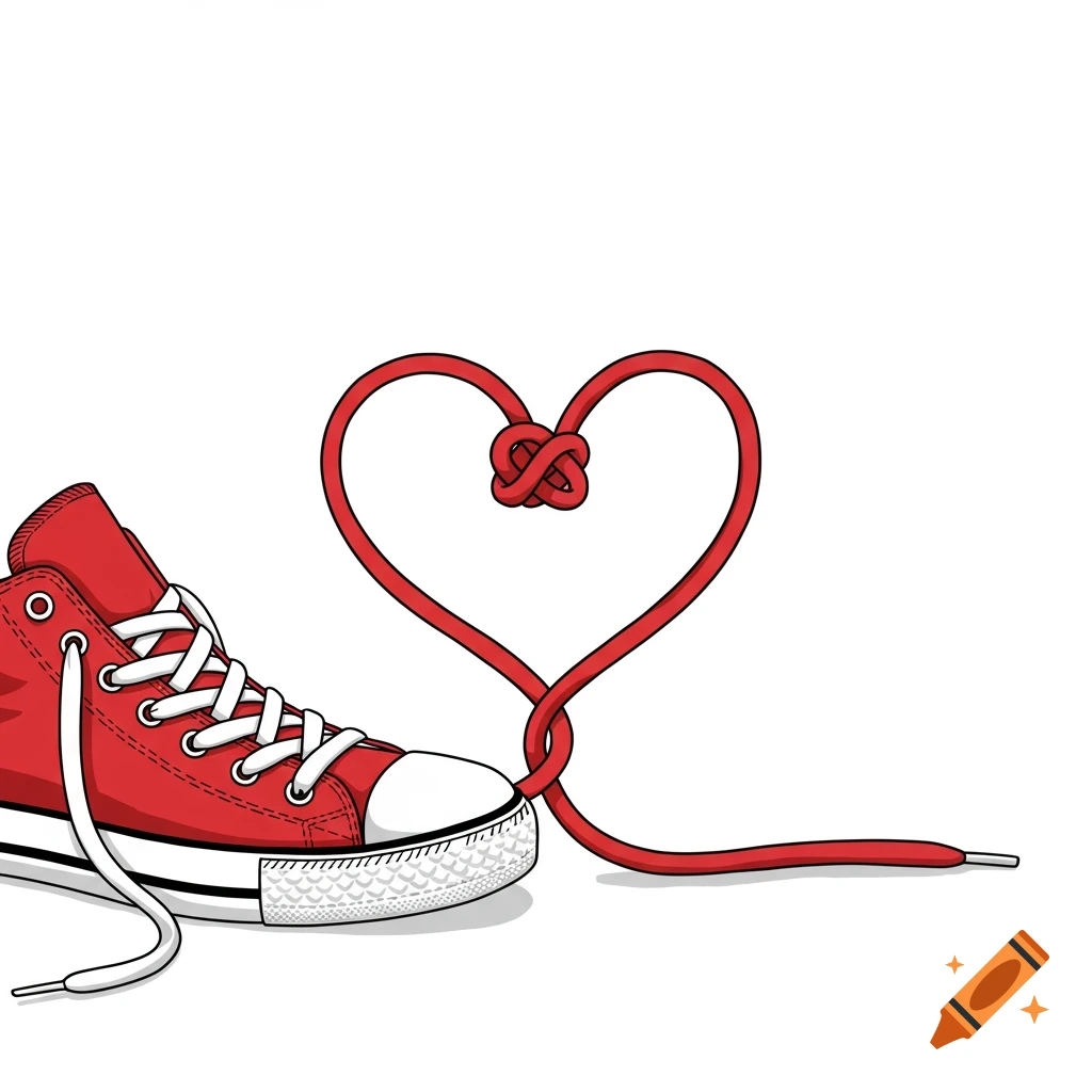 An illustration of a red high-top sneaker with its white laces tied into a heart shape on a white background.
