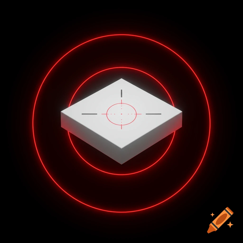 A minimalist white square with a red reticle on top, surrounded by red glowing concentric circles on a black background.