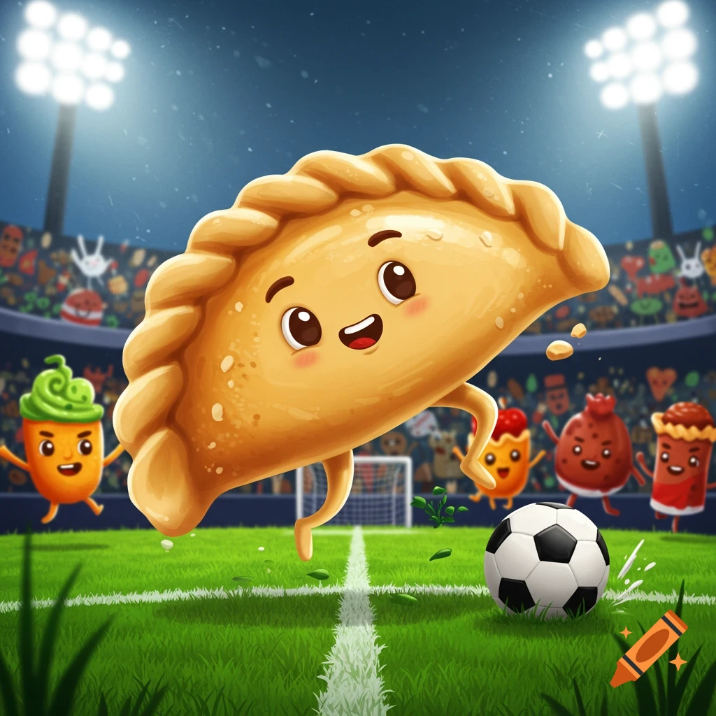 A happy cartoon pierogi kicks a soccer ball on a stadium field with other cheerful food characters.