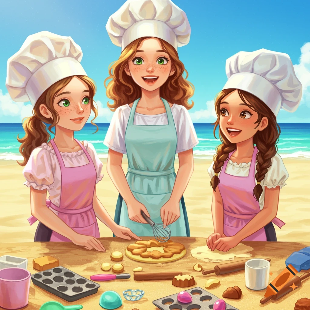 Three cheerful girls in chef hats and aprons bake on a beach, mixing dough and preparing pastries in a bright, stylized illustration.
