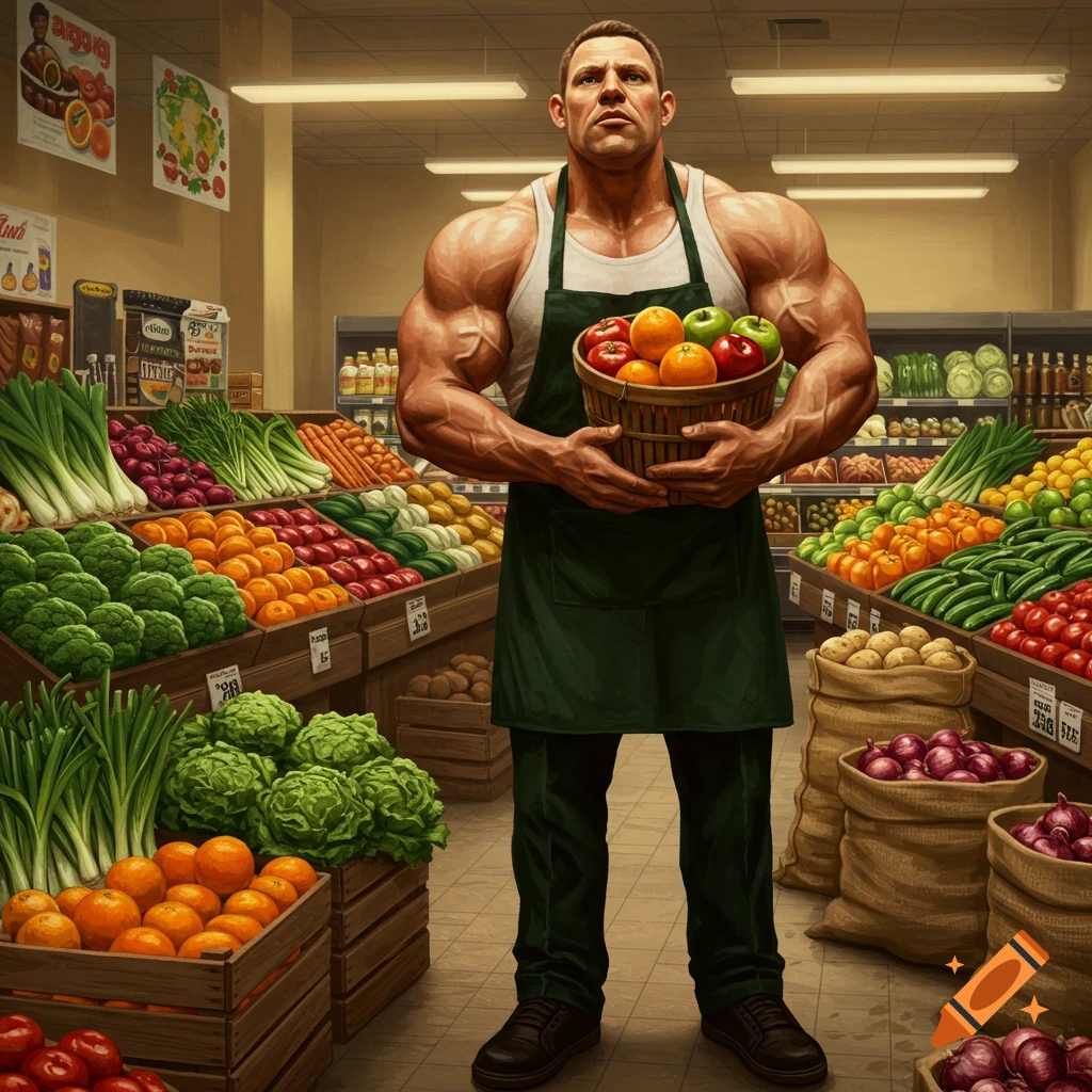 A highly muscular man in a white tank top and green apron stands in a grocery store produce aisle, holding a basket of fresh fruit.