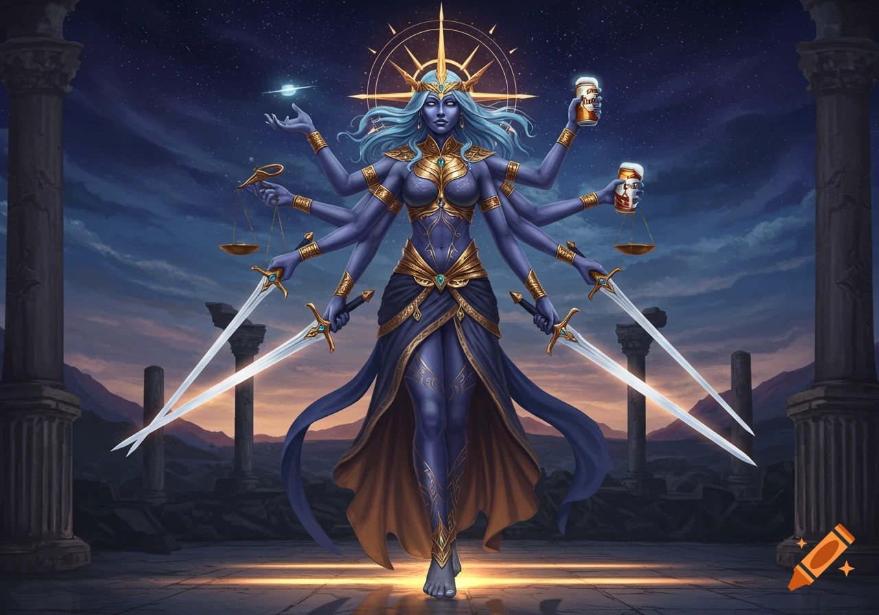 A multi-armed blue-skinned goddess-like figure in ornate gold and blue attire stands against a starry sky with ruins, holding swords, scales, and beer cans.
