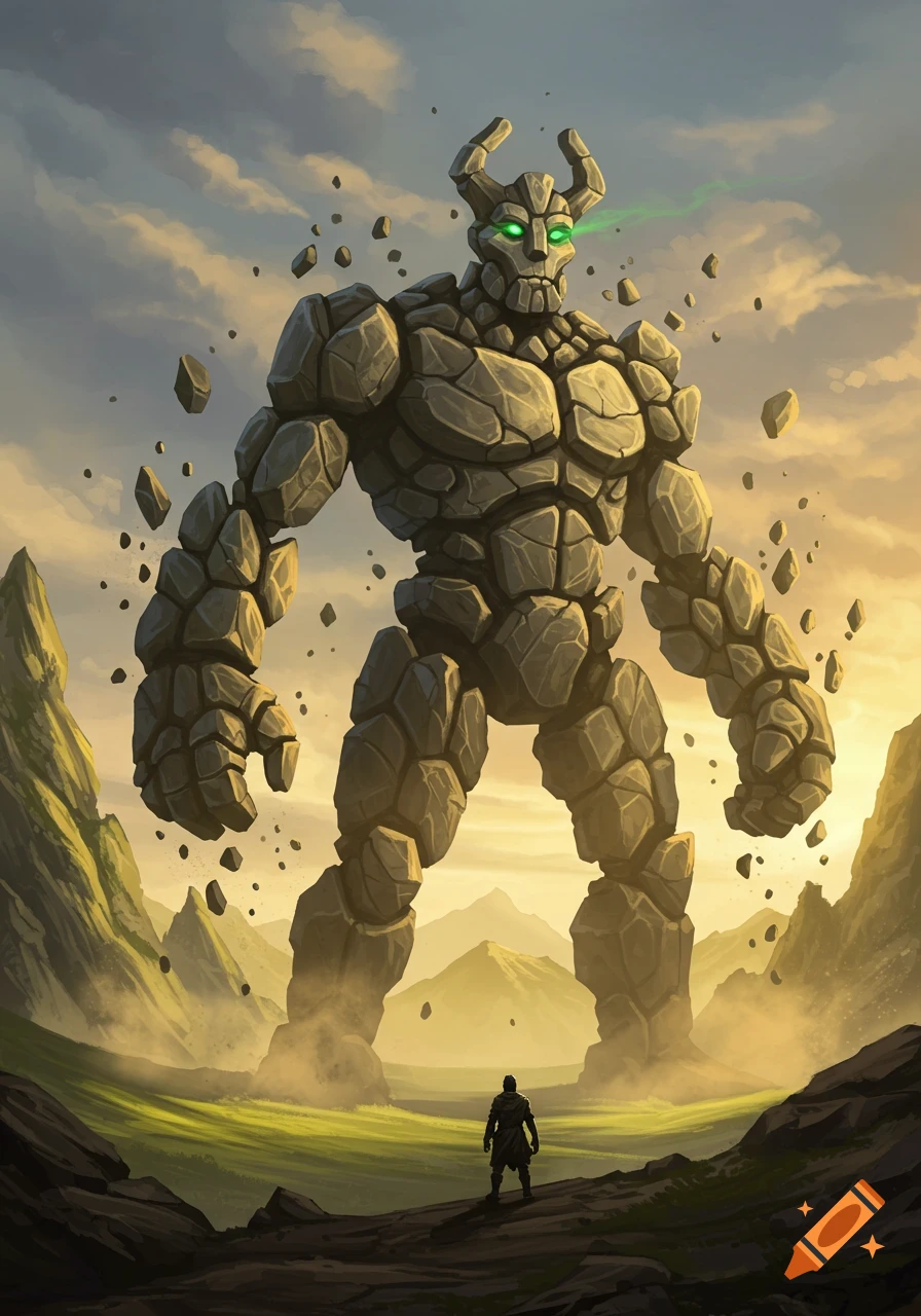 Colossal stone giant with glowing green eyes and floating rocks stands in a green valley before a small human, digital art.