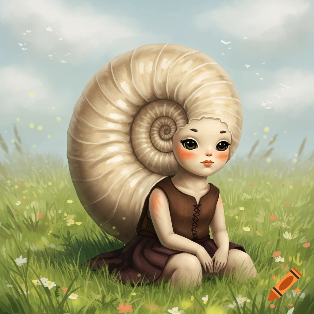 A whimsical character with a large beige ammonite shell on its back, sitting in a green grassy field with small flowers under a blue sky. Illustrated.
