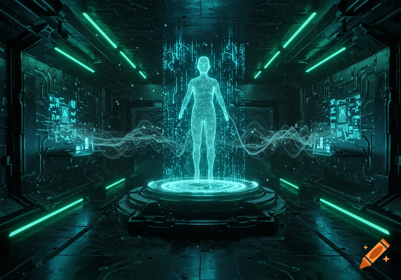 A glowing, wireframe human figure stands on a circular platform in a dark, futuristic server room with teal neon lights and digital data streams.