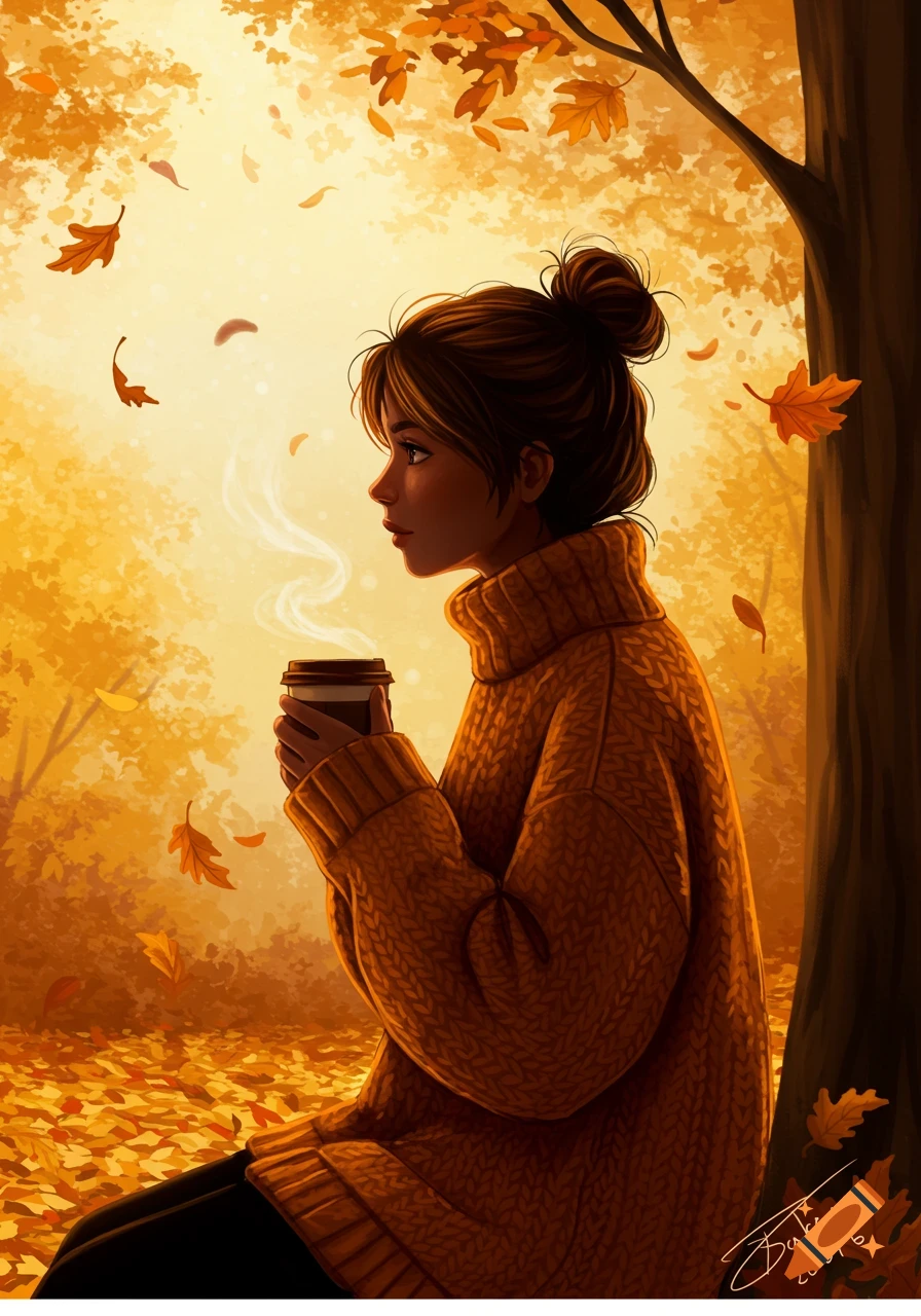 Illustrative portrait of a woman in an orange sweater, holding a steaming coffee cup in a warm, golden autumn forest with falling leaves.