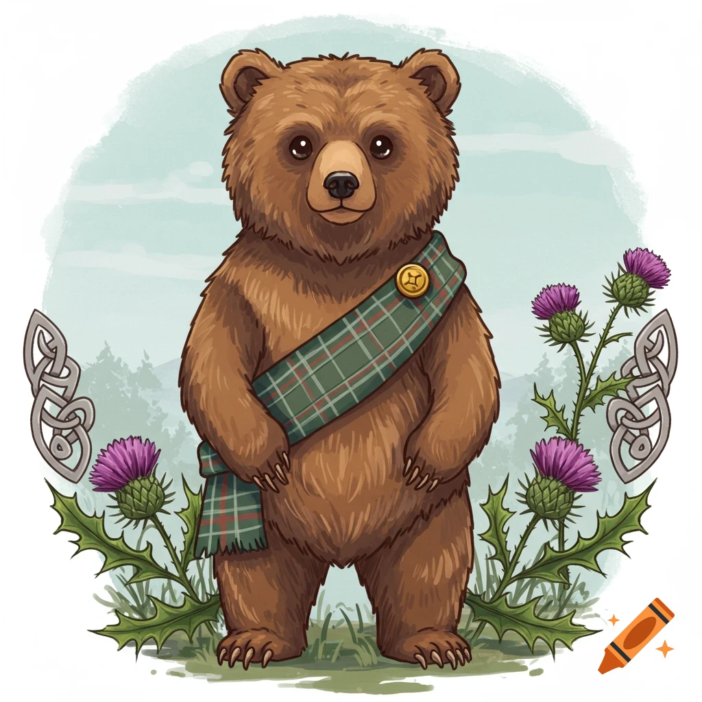 A cute brown cartoon bear wearing a green tartan sash and a gold brooch, surrounded by purple thistles and Celtic knots against a light background.
