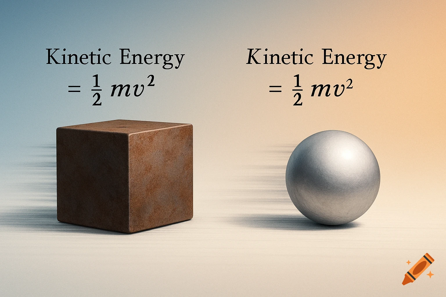 A brown cube and a silver sphere with the formula for kinetic energy above each, illustrating physics concepts.