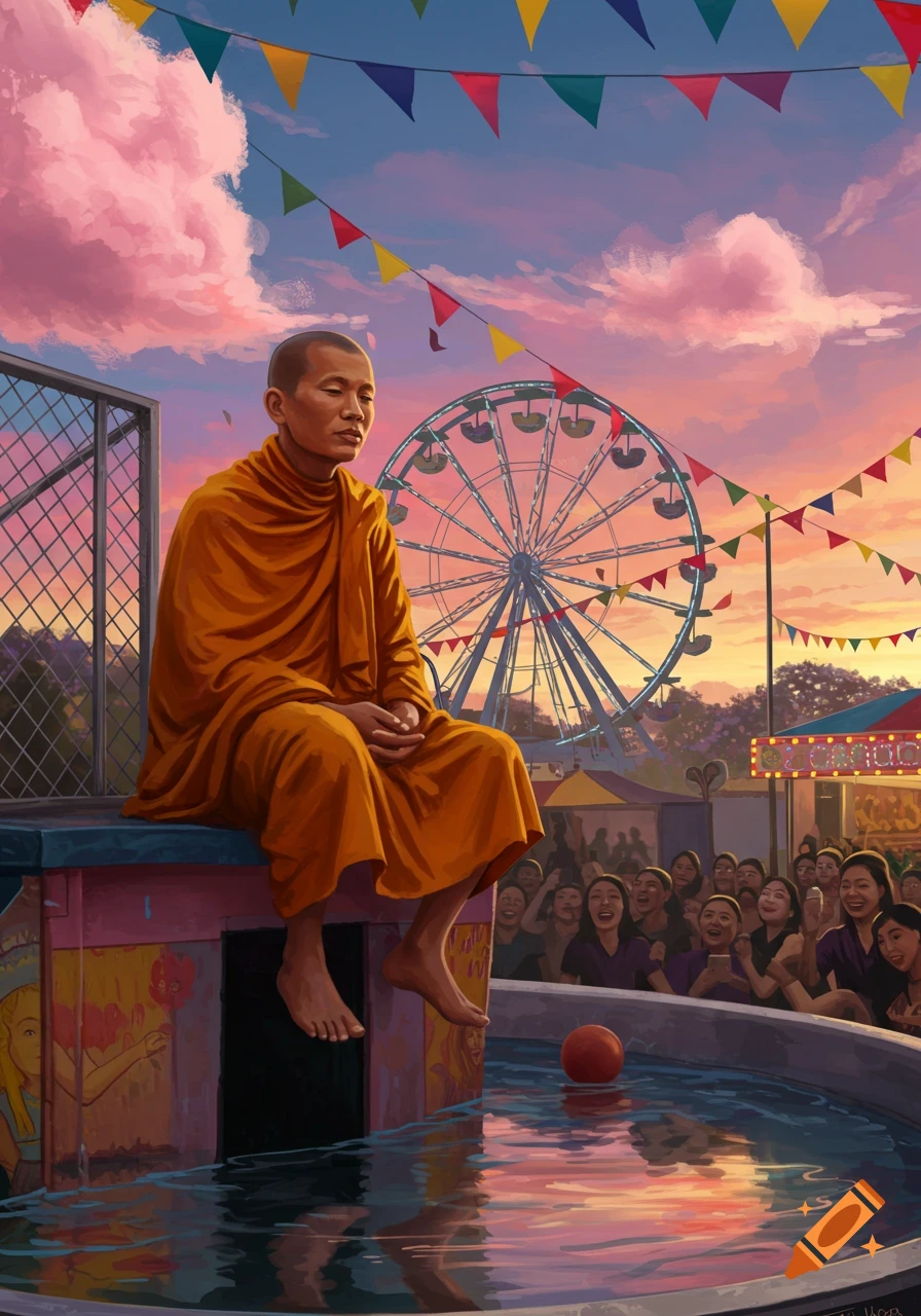 A monk in orange robes sits contemplatively on a carnival dunk tank platform at sunset, with a Ferris wheel and colorful flags in the background.