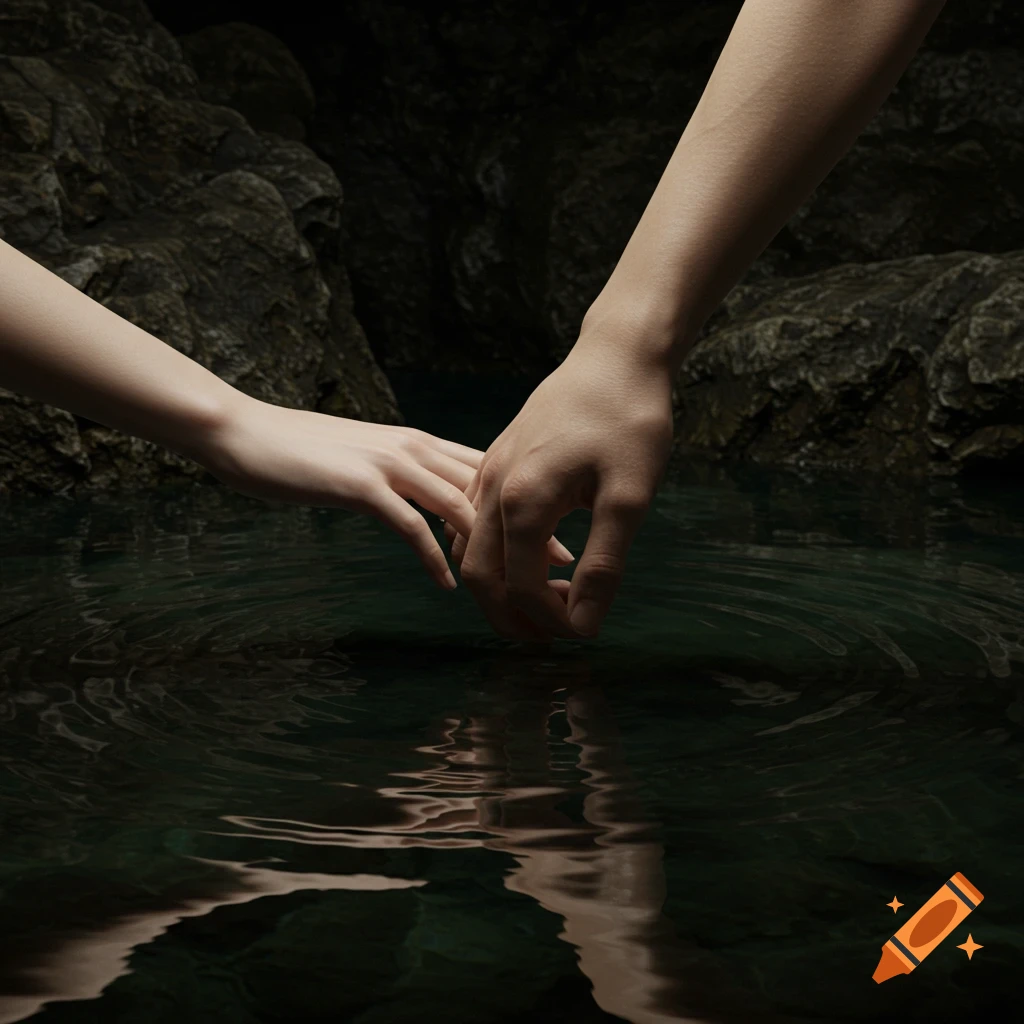 Two hands, one delicate and one larger, gently touch over dark, rippling water in a shadowy cave, photorealistic style.