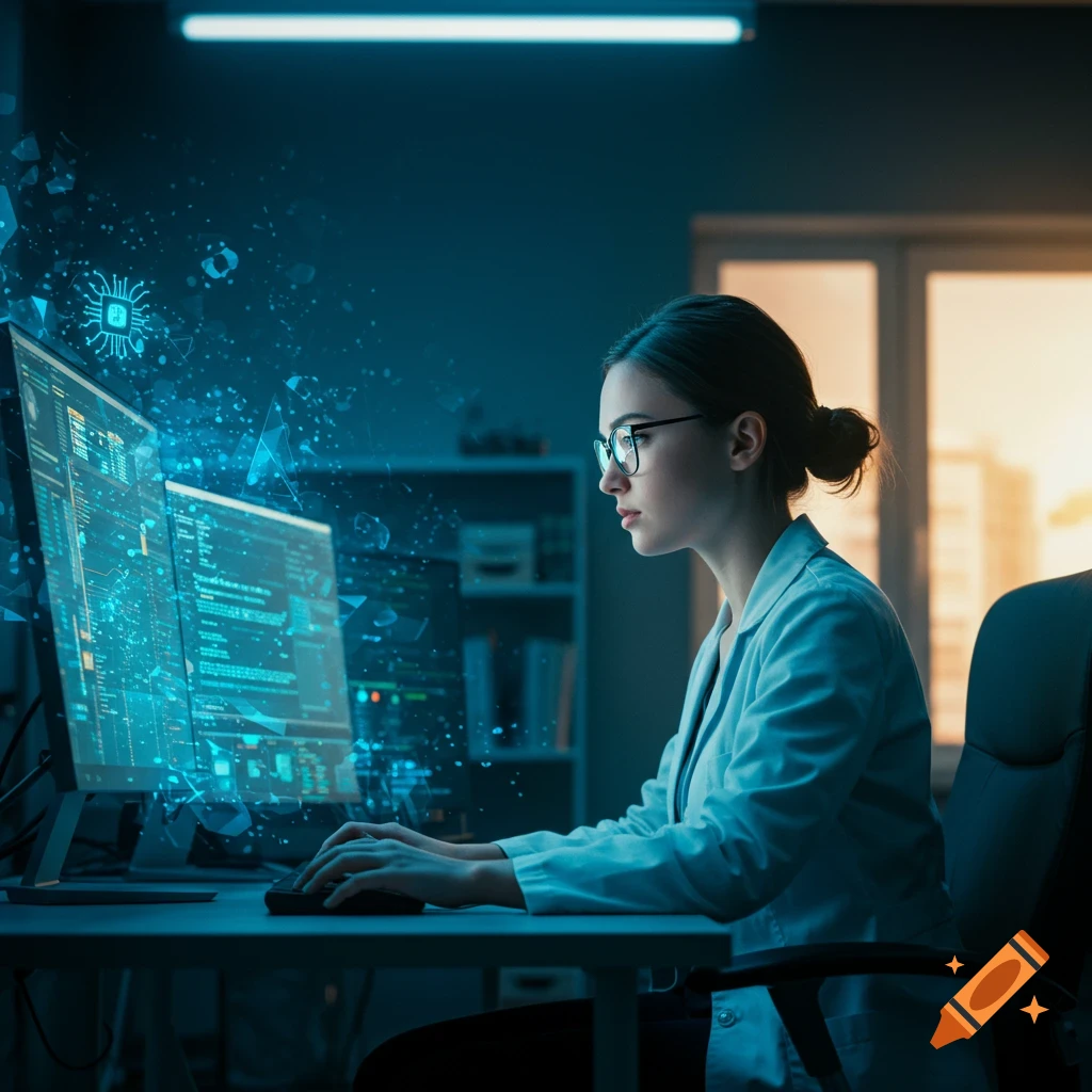 A focused woman in glasses types at a desk with two glowing computer monitors displaying blue code and data in a dark, futuristic office.