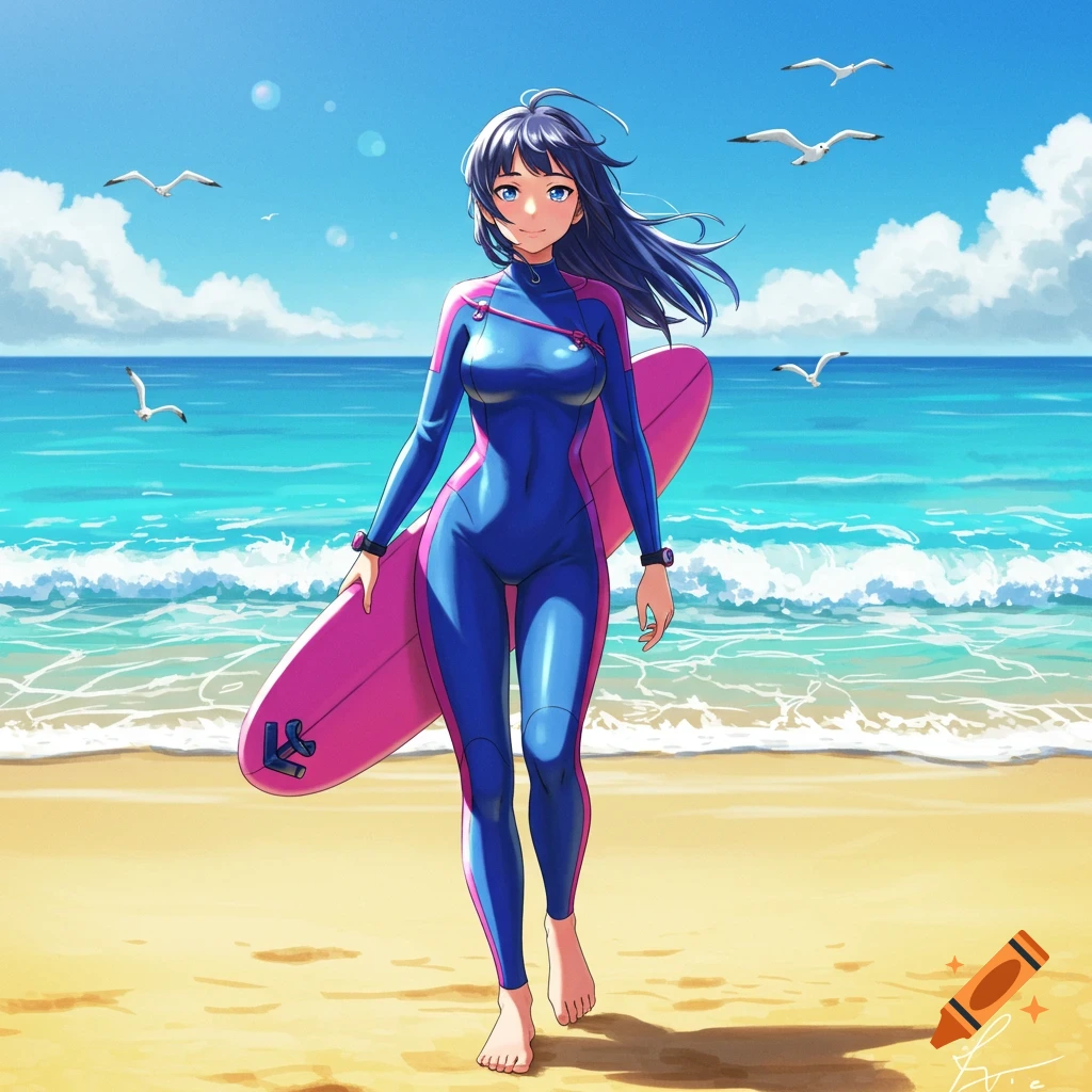 Anime girl in a blue and pink wetsuit walks on a sunny beach, holding a pink surfboard. Seagulls fly overhead in the clear blue sky, anime style.