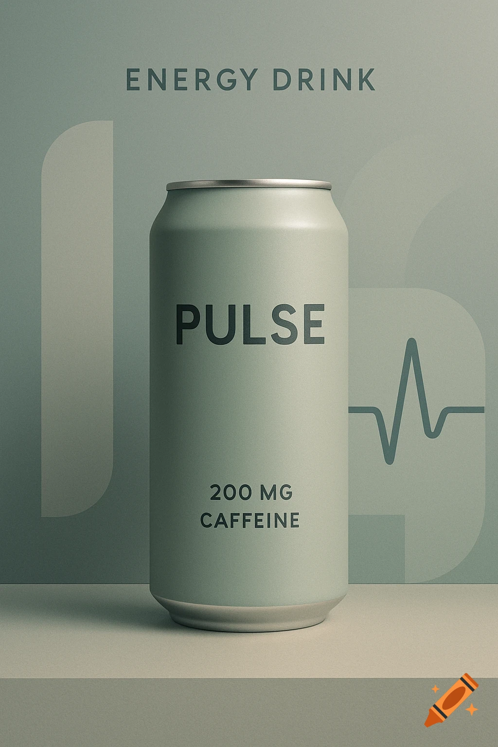 Minimalist ad for a light green energy drink can labeled 'PULSE' with '200 MG CAFFEINE' on a muted background.