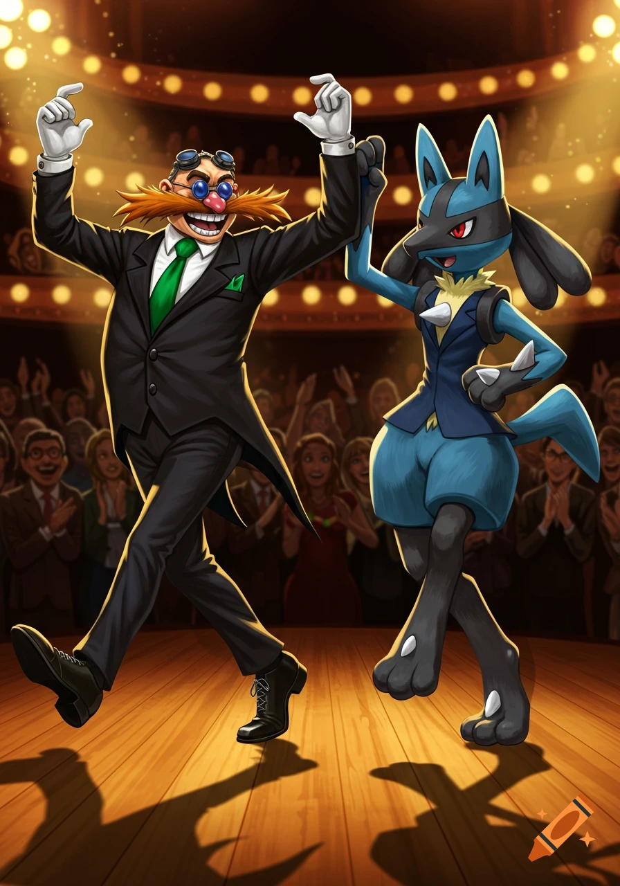 Dr. Robotnik and Lucario in suits dancing an Irish jig on a stage to an audience, cartoon style.