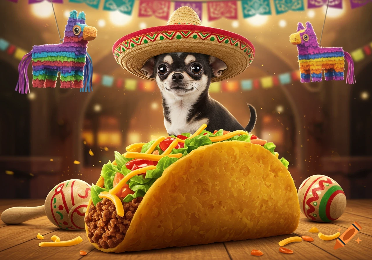 A cute chihuahua in a sombrero peeks over a large taco with a festive Mexican background, maracas, and pi es.jpg